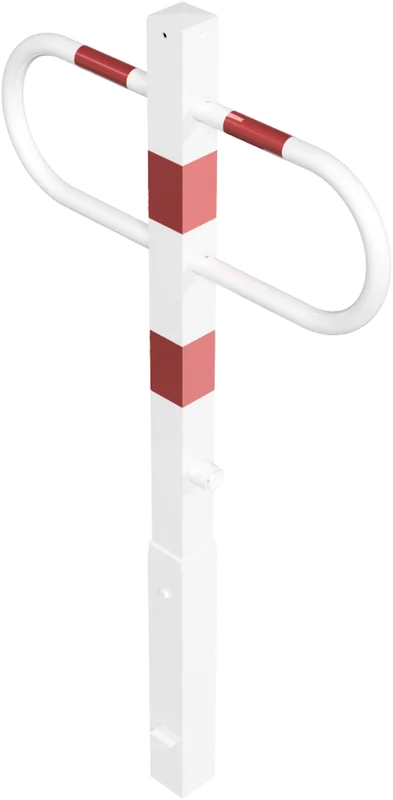 Weiß-roter Absperrpfosten mit fest verschweißtem Rundrohrbügel, herausnehmbar durch Bodenhülse mit Dreikantverschluss