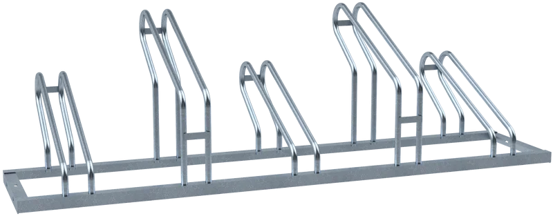  Fahrradständer für fünf Fahrräder mit gerader Aufstellung, abwechselnd hohe und niedrige Bügel zur stabilen Fixierung