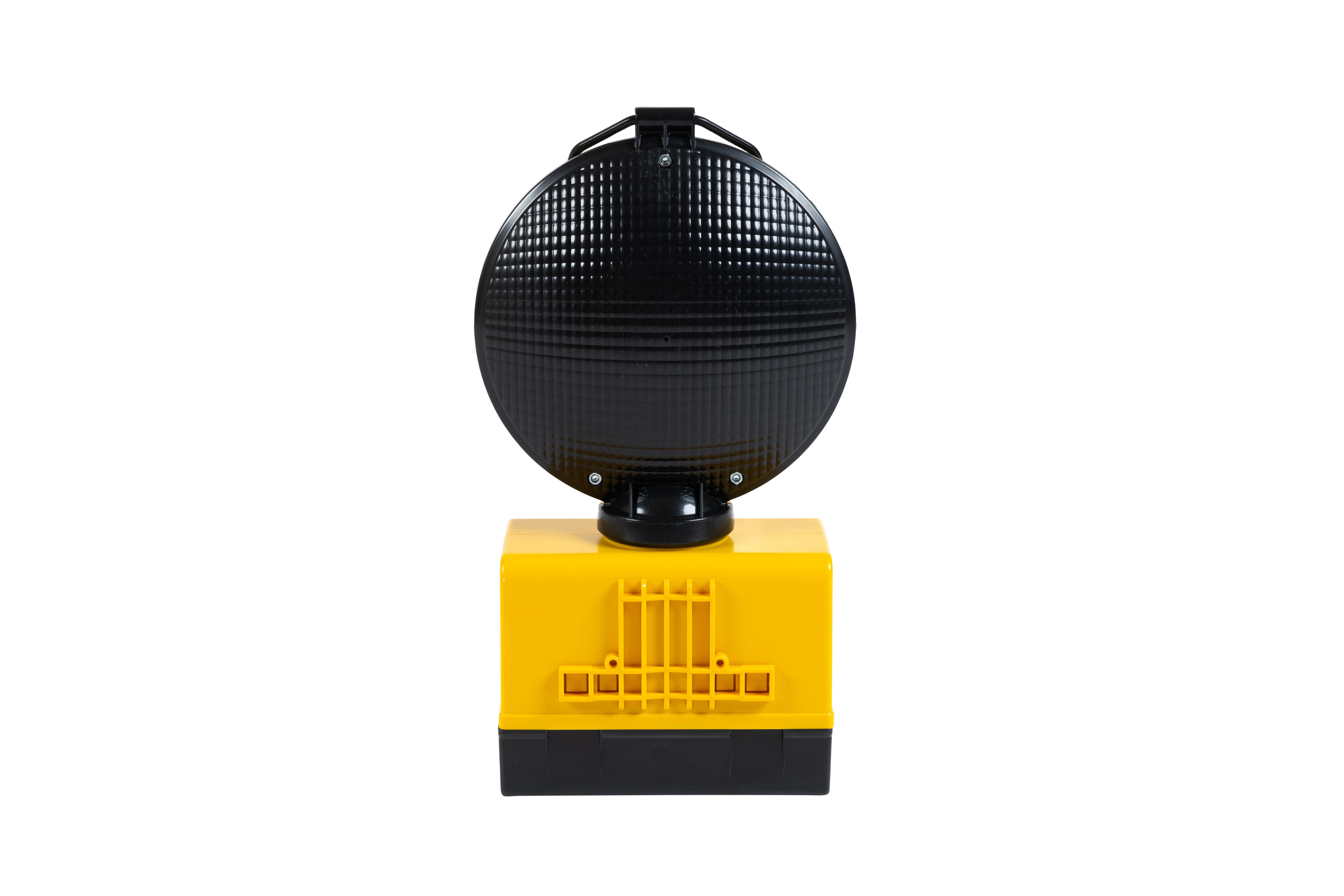 Rückseite der LED-Blinkleuchte D-Star-s mit schwarzem Leuchtenkopf und gelbem Gehäuse