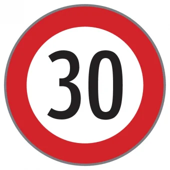 Geschwindigkeitsbeschränkung auf 30 km/h.  Verkehrszeichen mit rotem Rand und schwarzer Zahl 30 