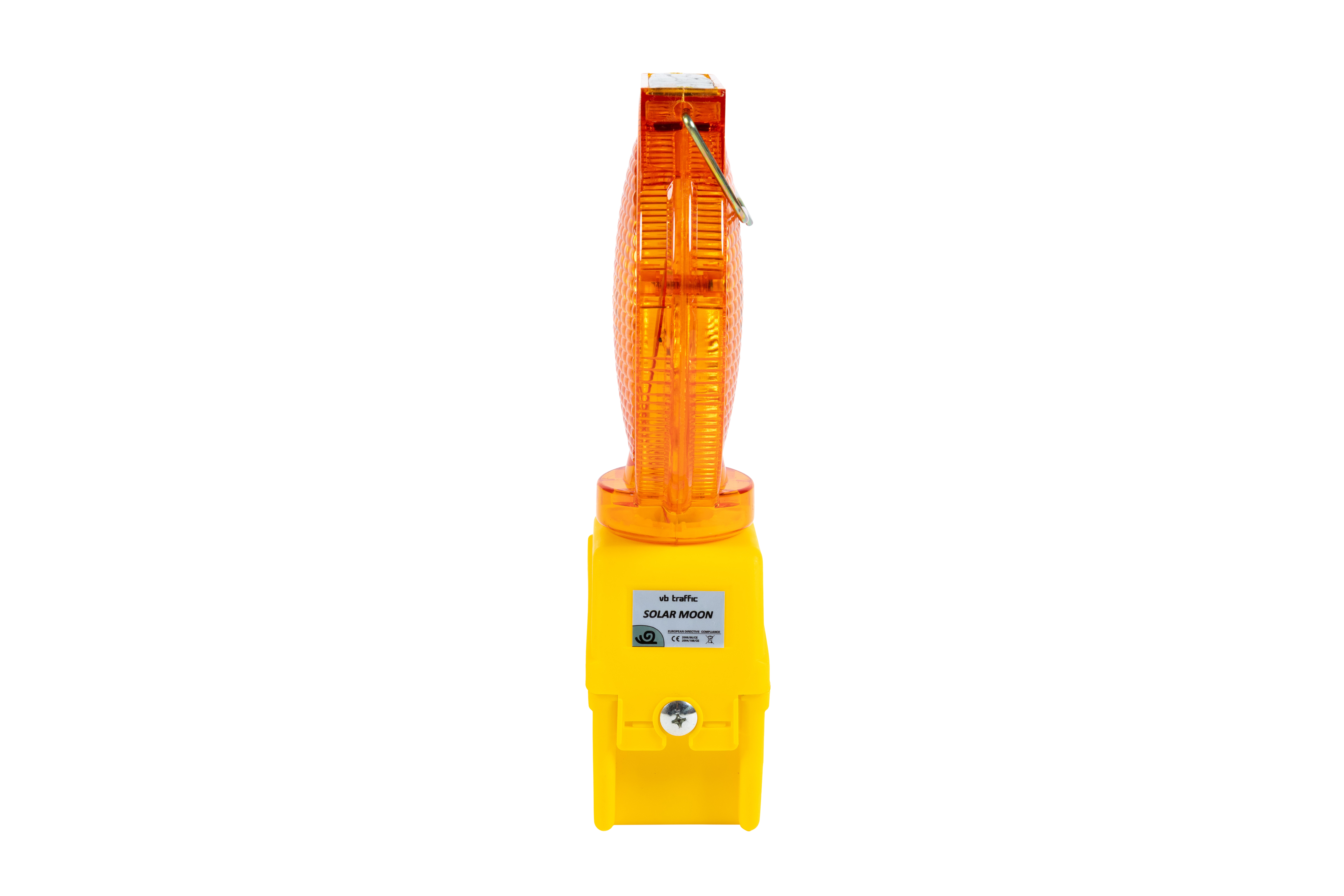 Mini LED-Blinkleuchte in Seitenansicht mit orangefarbener Linse und gelbem Gehäuse, Beschriftung „SOLAR MOON“ sichtbar
