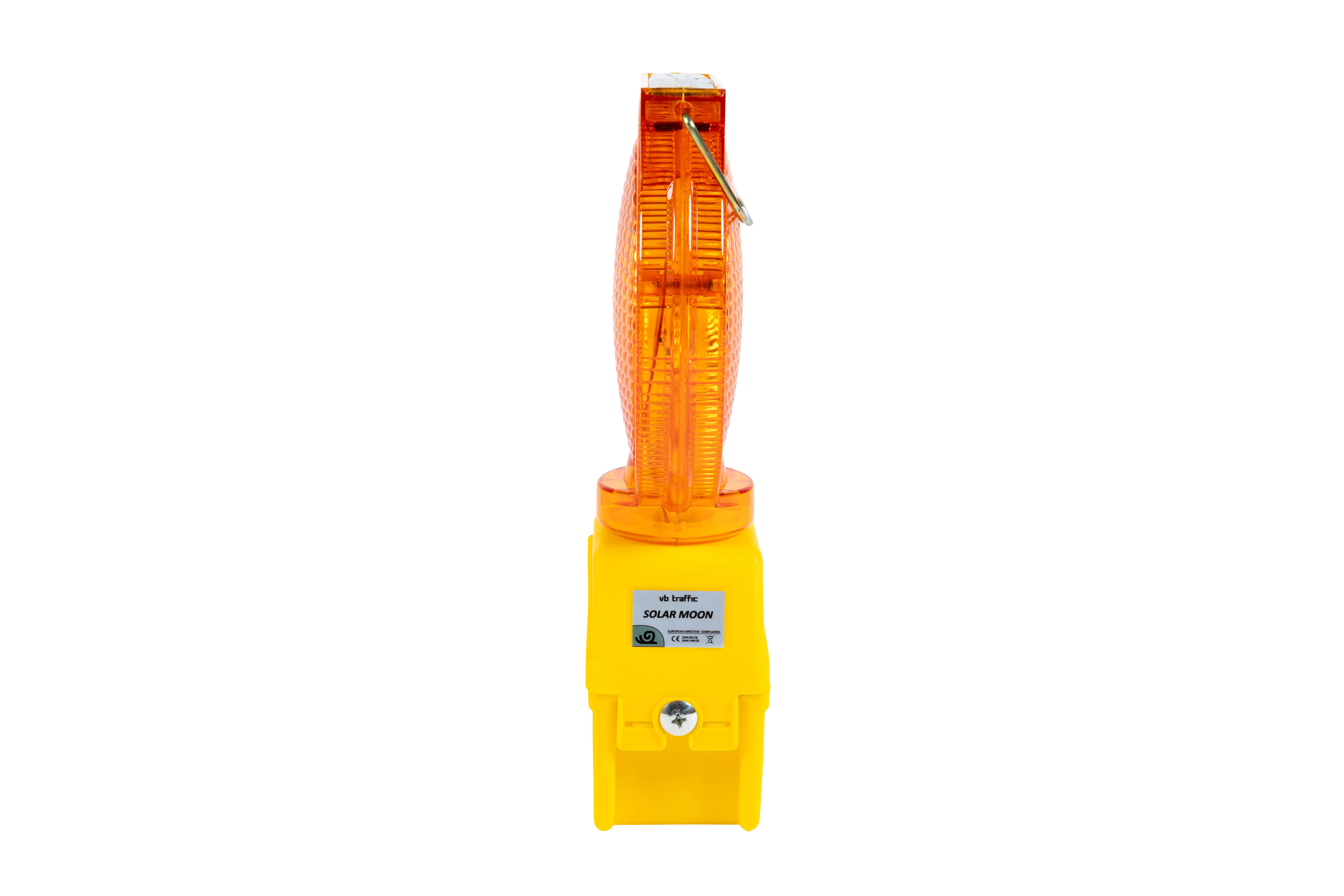 Mini LED-Blinkleuchte in Seitenansicht mit orangefarbener Linse und gelbem Gehäuse, Beschriftung „SOLAR MOON“ sichtbar