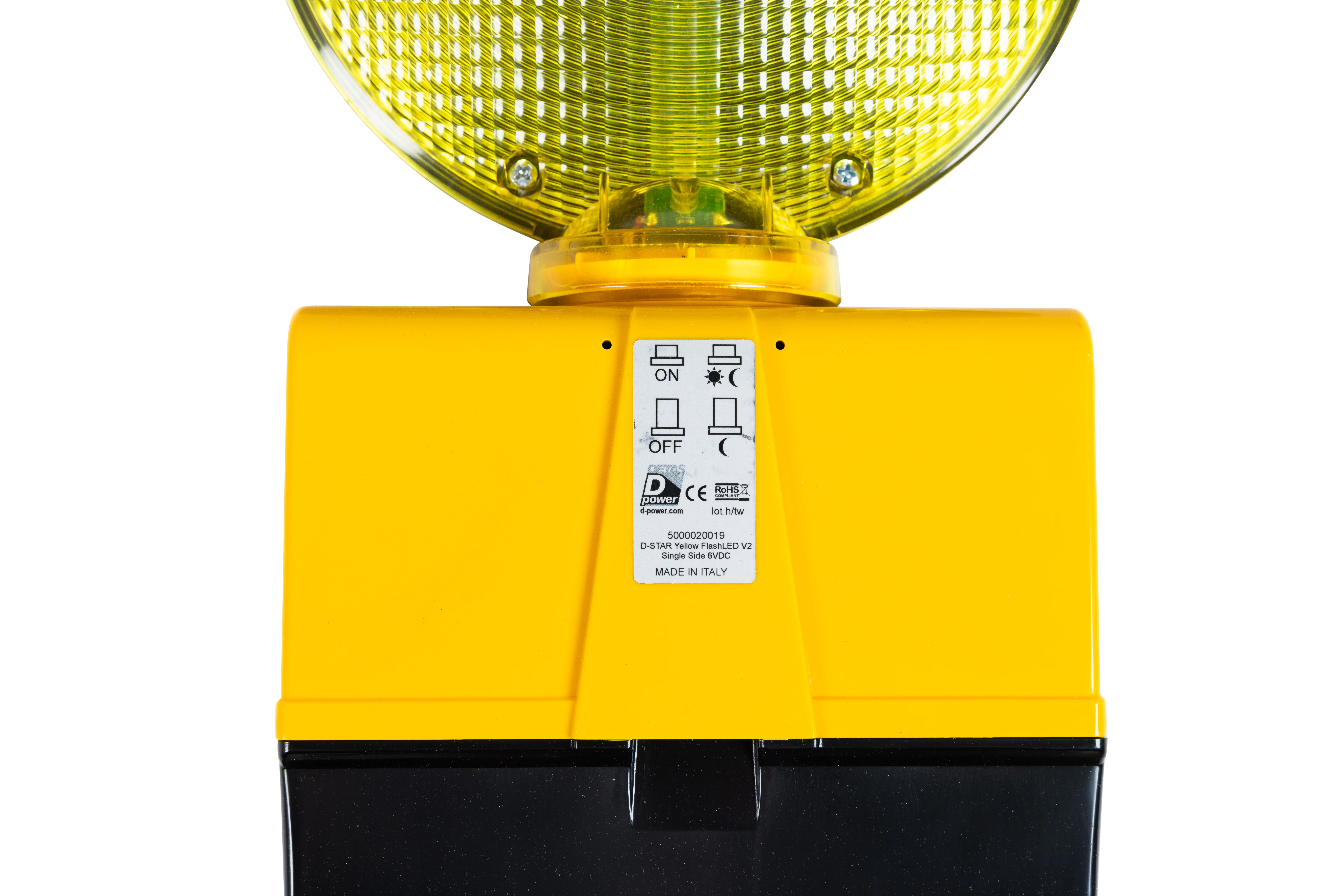  Detailansicht der Beschriftung und Schalterfunktionen der LED-Blinkleuchte D-Star-s mit gelber Frontlinse