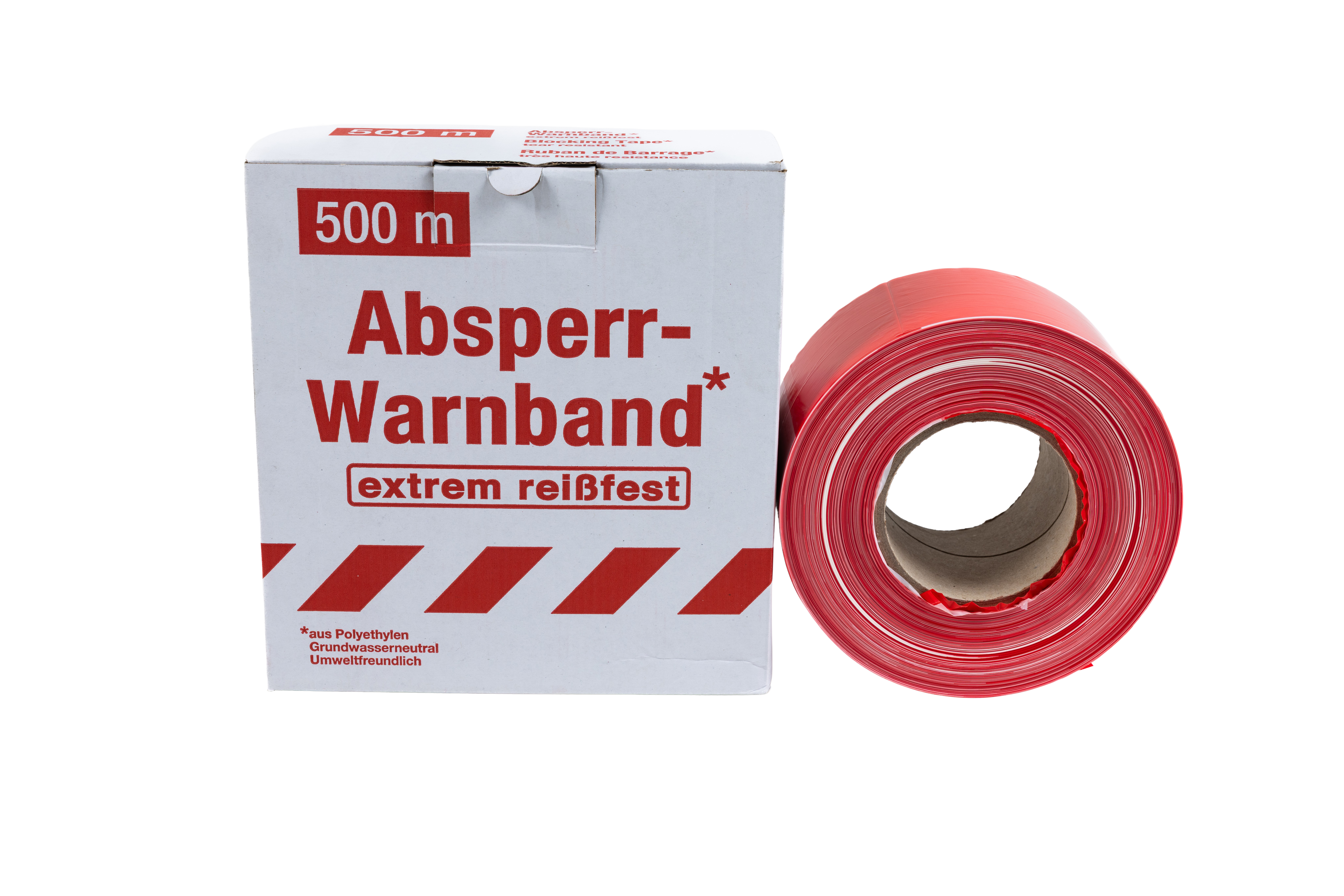 Rolle Absperr-Warnband in Rot mit dazugehöriger Kartonverpackung – Aufdruck „500 m, extrem reißfest“ – Produkt frontal fotografiert