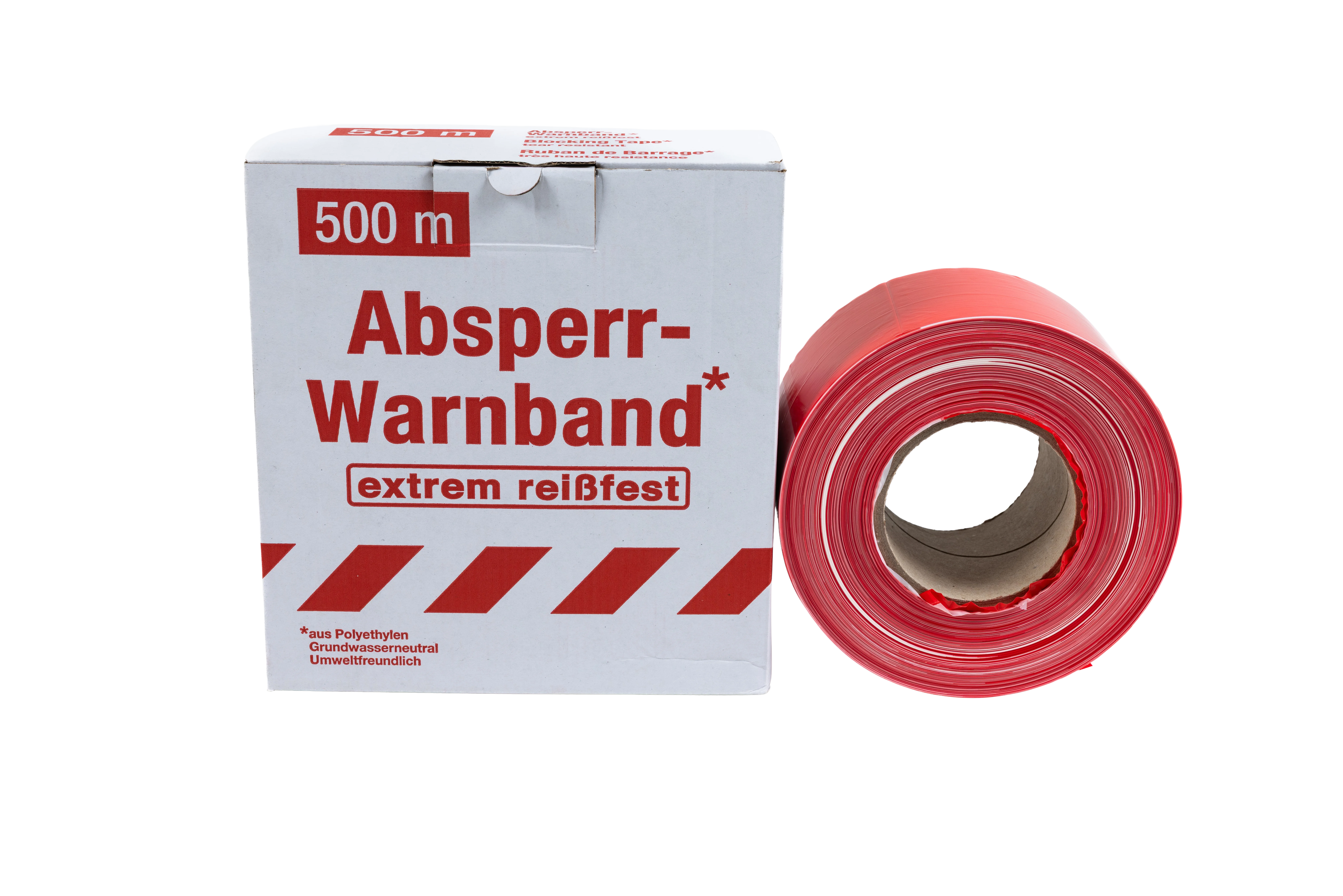 Rolle Absperr-Warnband in Rot mit dazugehöriger Kartonverpackung – Aufdruck „500 m, extrem reißfest“ – Produkt frontal fotografiert