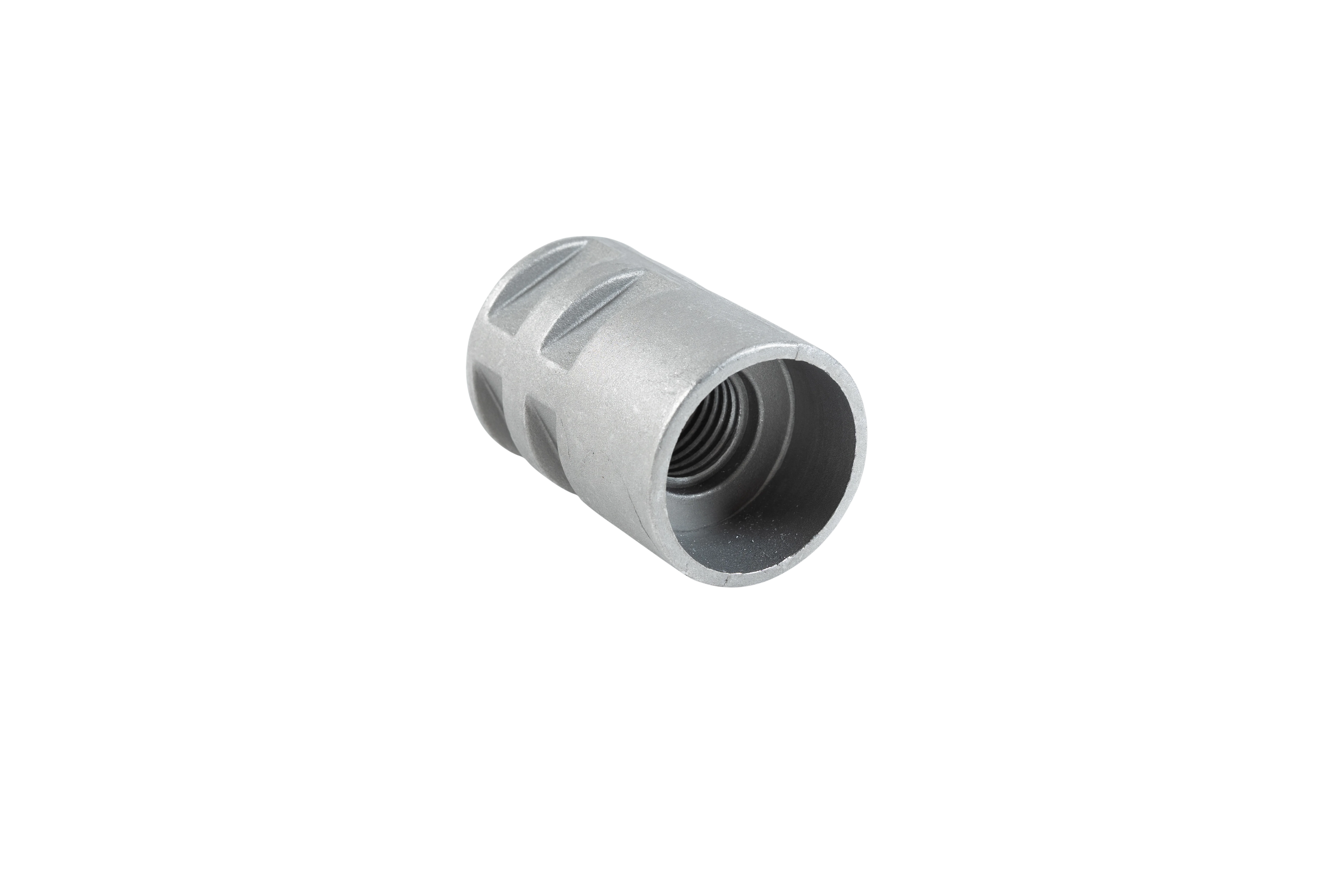 Bodenhülse aus Aluminium mit Innengewinde und strukturierten Verstärkungsrillen