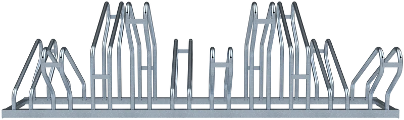 Fahrradständer mit zehn Stellplätzen in doppelseitiger Ausführung, zwei Reihen à fünf Bügeln, feuerverzinkte Stahlkonstruktion in Frontalansicht