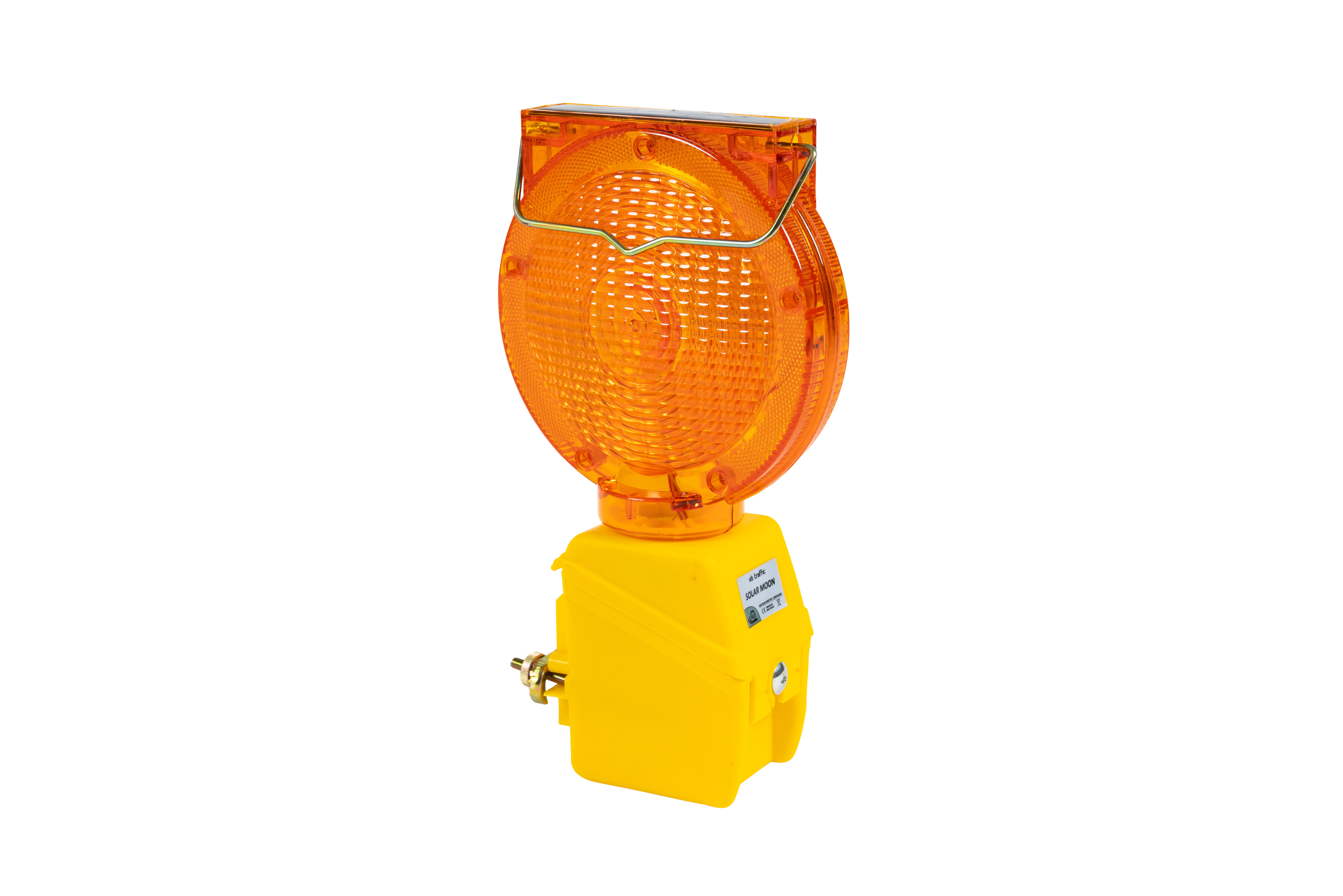Schräge Seitenansicht der Mini LED-Blinkleuchte mit gelbem Gehäuse und orangefarbener Linse