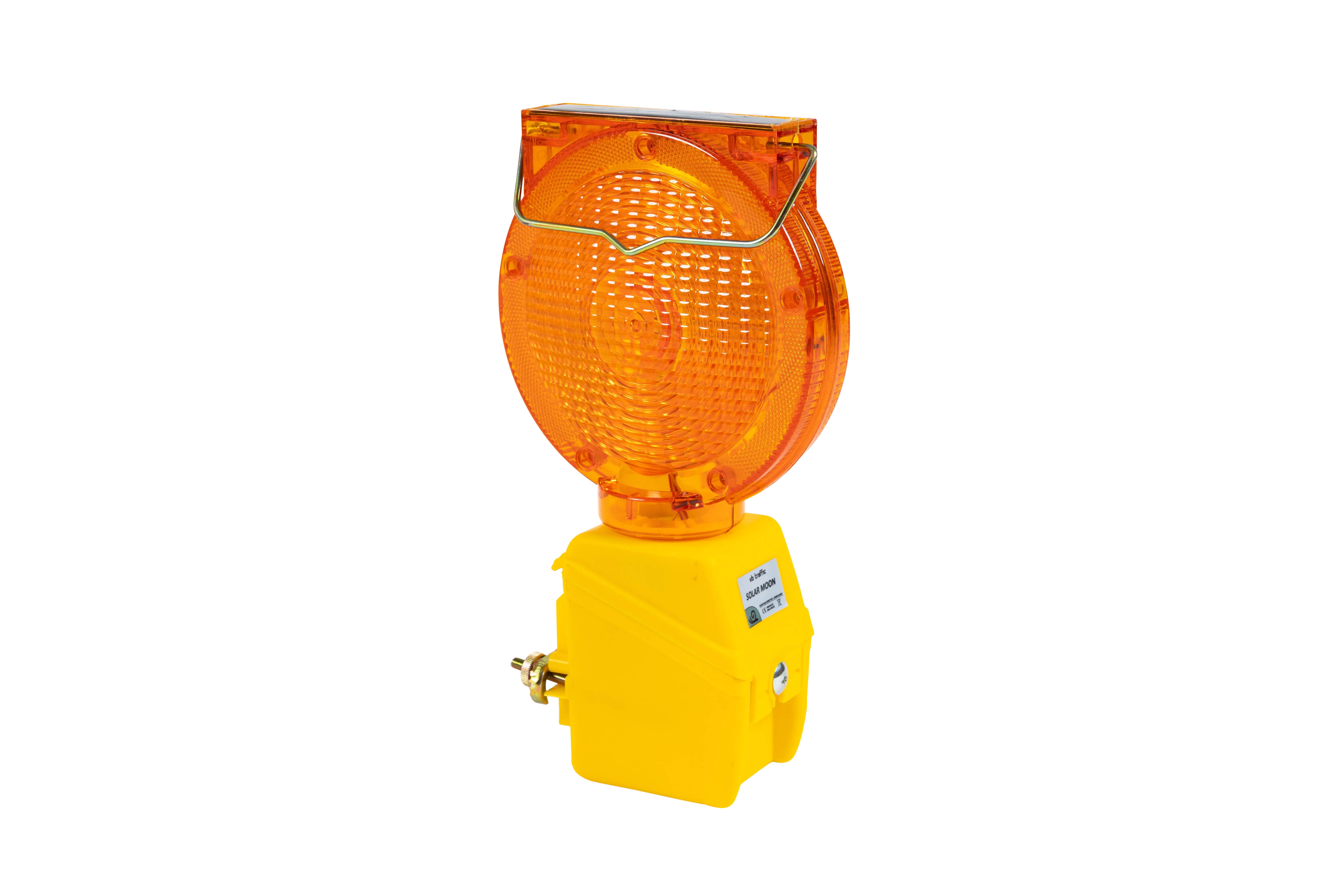 Schräge Seitenansicht der Mini LED-Blinkleuchte mit gelbem Gehäuse und orangefarbener Linse