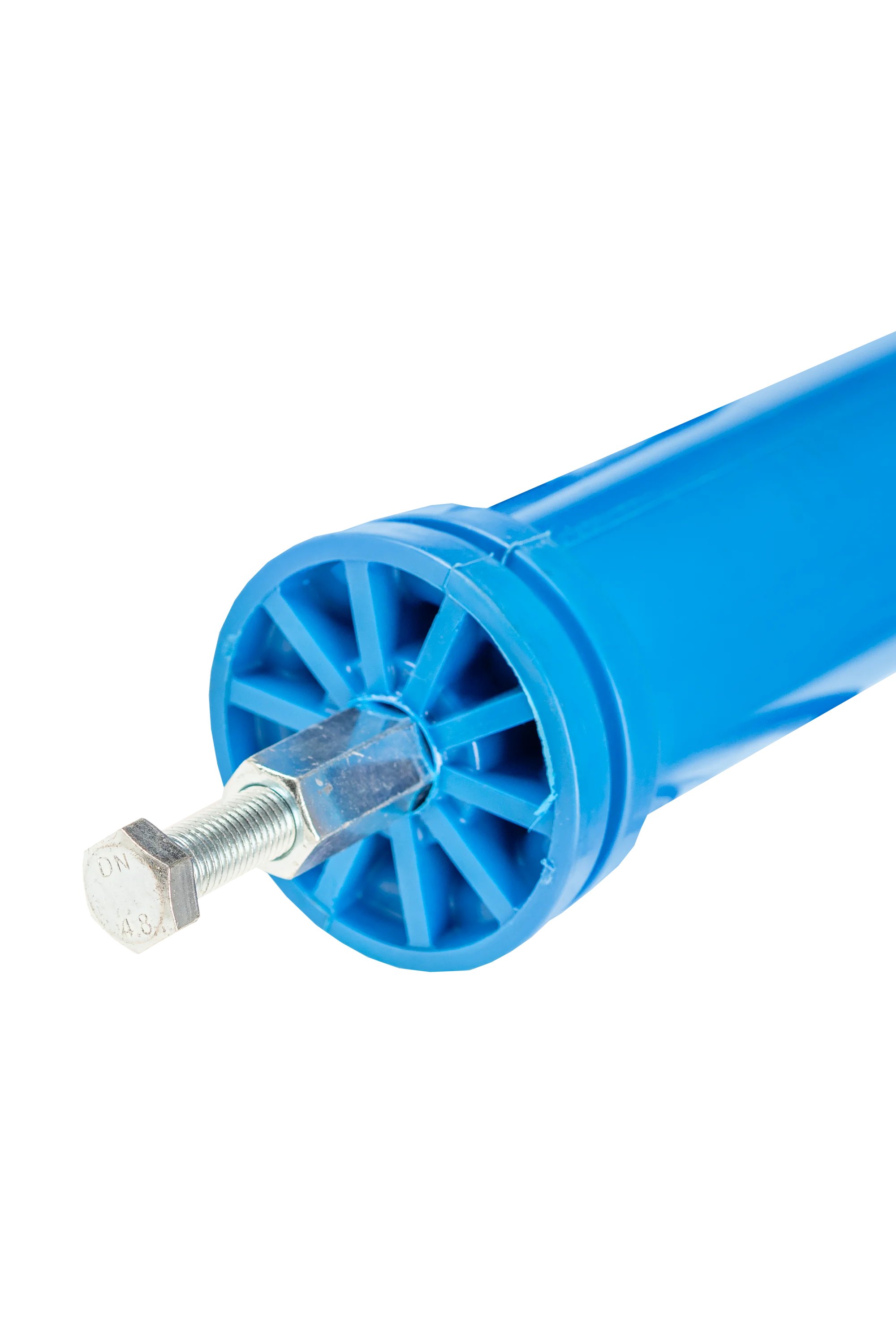 Nahaufnahme der Unterseite eines blauen Bleistiftpollers mit Schraubgewinde