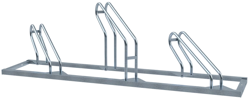 Fahrradständer mit drei schräg nach links versetzten Stellplätzen, feuerverzinkte Stahlkonstruktion mit durchgehender Bodenplatte
