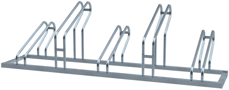 Verzinkter Fahrradständer mit fünf Plätzen in gerader Ausführung, abwechselnd hohe und niedrige Einstellbügel zur sicheren Radaufnahme