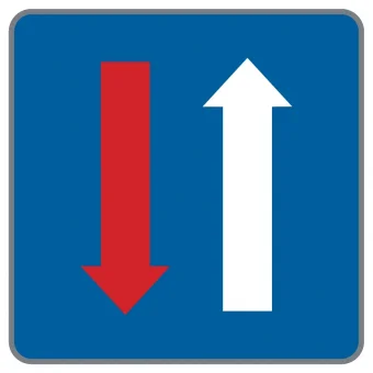 Wartepflicht für Gegenverkehr . Verkehrszeichen mit rotem und weißem Pfeil auf blauem Grund