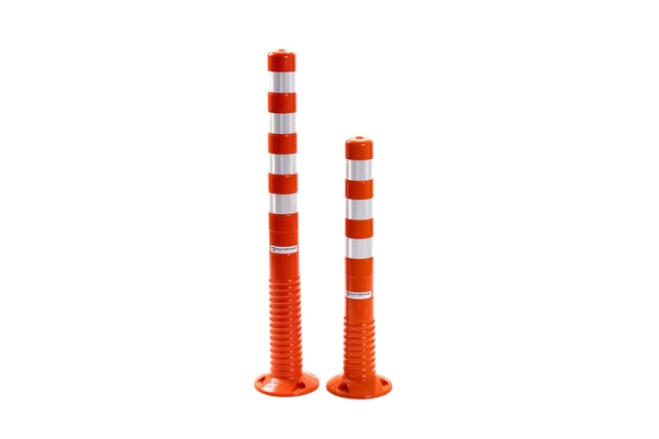 Flexible Poller Reinorange – zwei Höhen im Vergleich mit Reflexstreifen Zwei flexible Poller in Reinorange mit weißen Reflexstreifen und Bodenplatte, nebeneinander in unterschiedlicher Höhe abgebildet