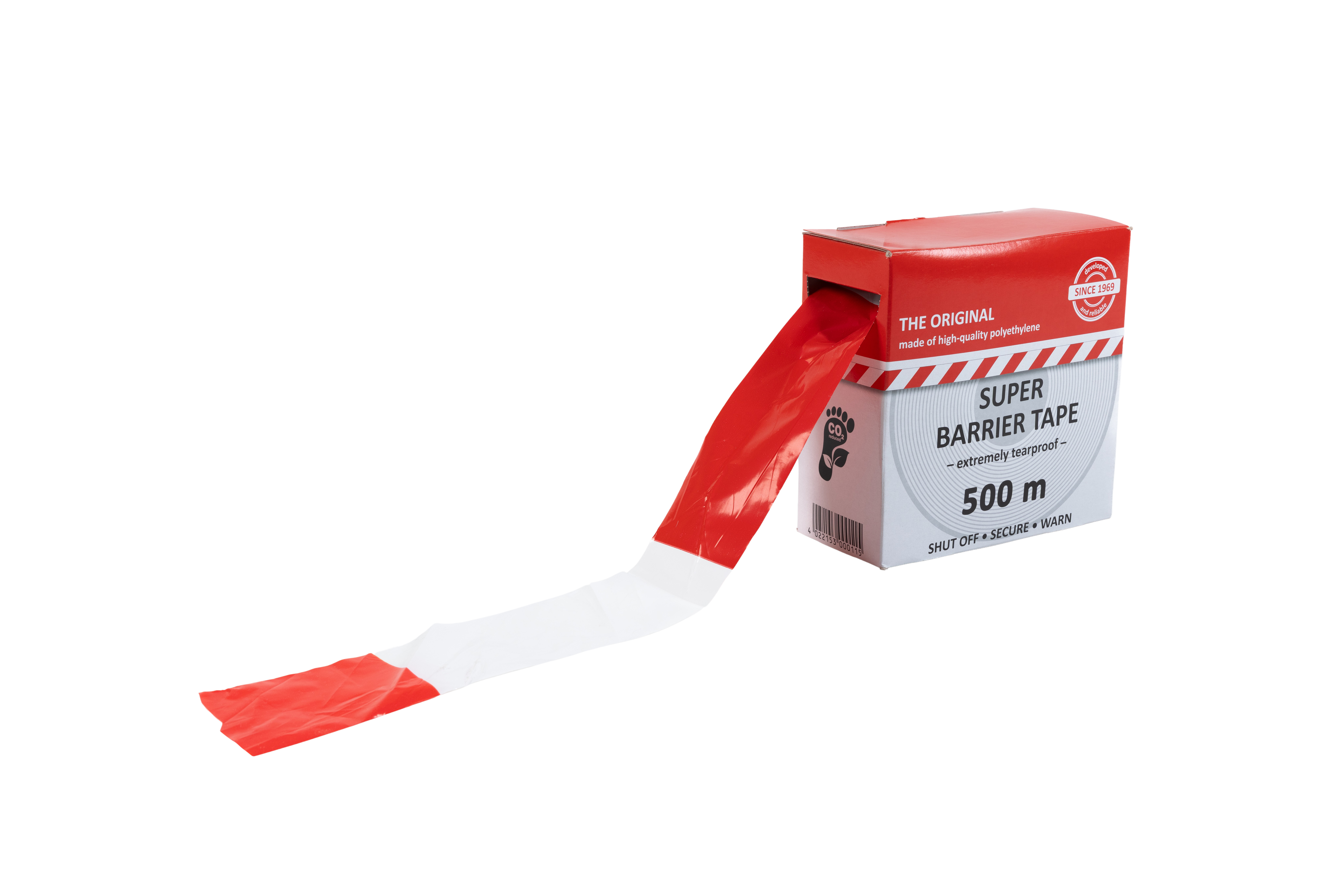  Rot-weißes Absperrband teilweise abgerollt aus einer Verpackung mit Aufschrift „Super Barrier Tape – 500 m – extremely tearproof“ – schräge Ansicht mit CO₂-Hinweis
