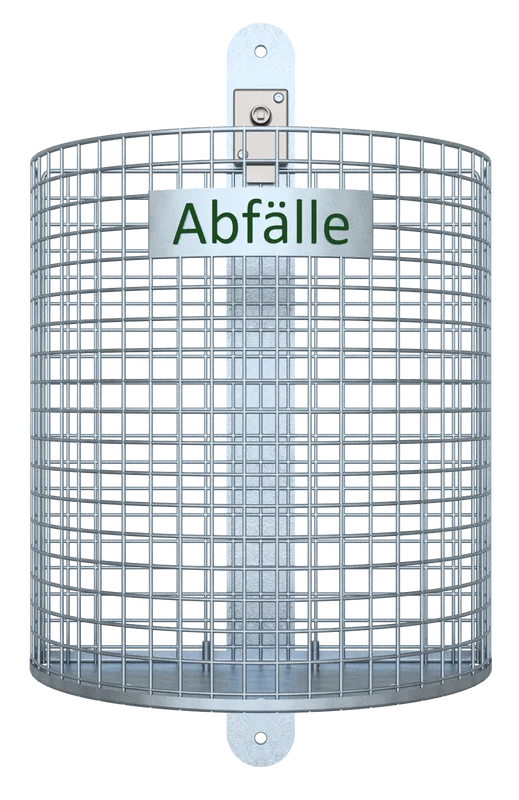 Vorderansicht eines runden Drahtgitter-Mistkübels mit verzinkter Wandhalterung und Schild „Abfälle“