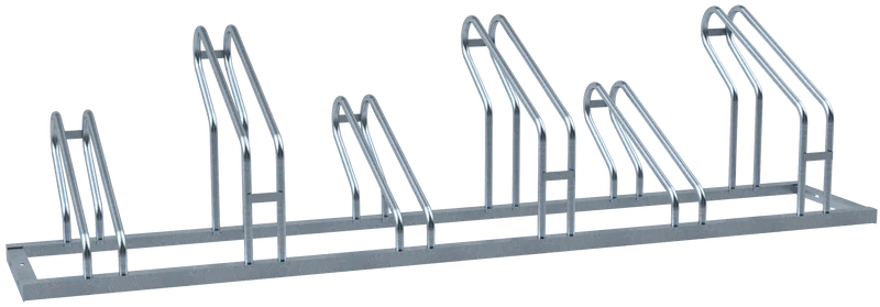 Fahrradständer aus verzinktem Stahl in gerader Ausführung mit sechs Einstellplätzen, abwechselnd hoher und niedriger Radhalterung