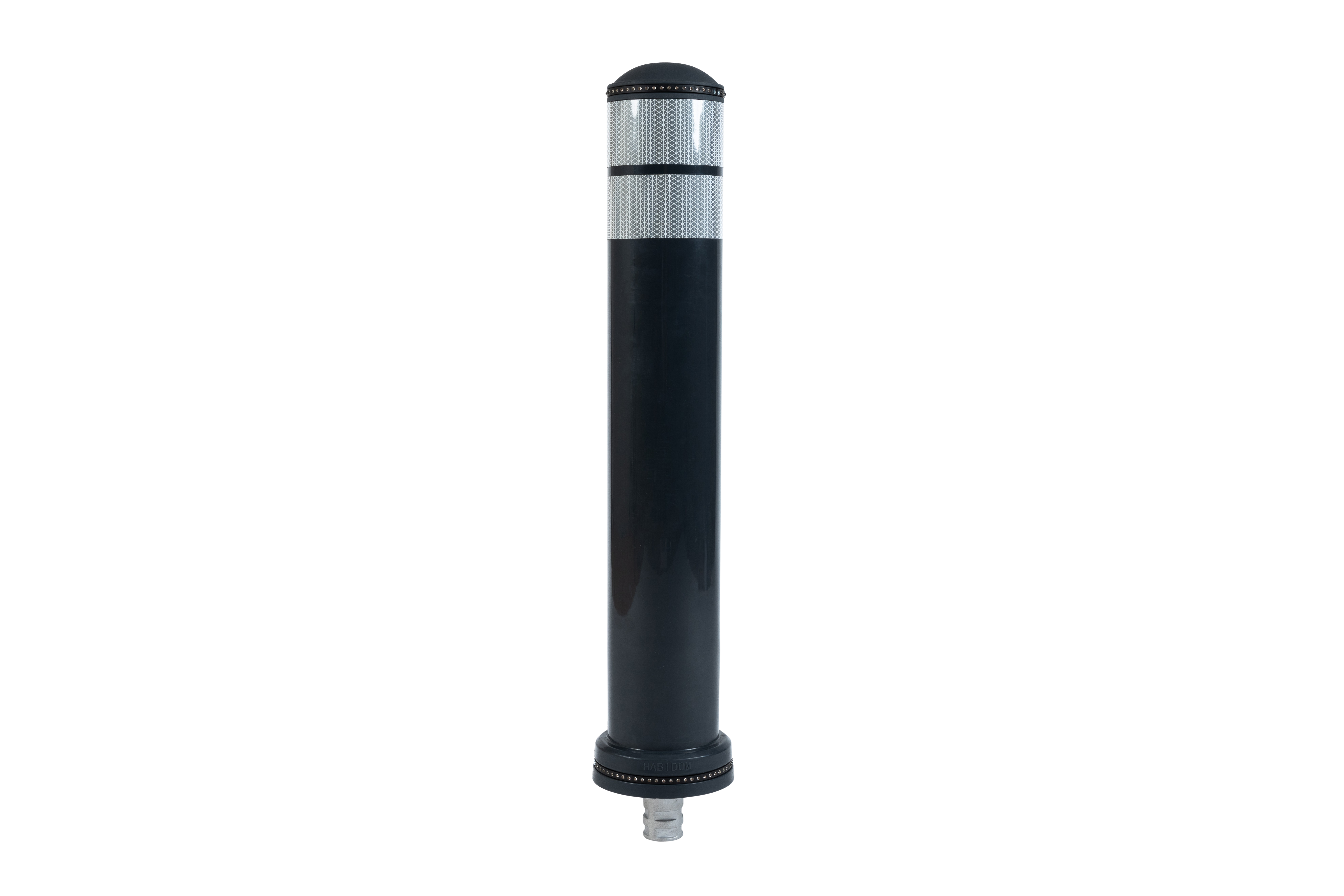 City Poller Seitlich Schwarzer Citypoller mit zwei reflektierenden Bändern und gewölbtem Kopf zur Bodenmontage Ø130mm