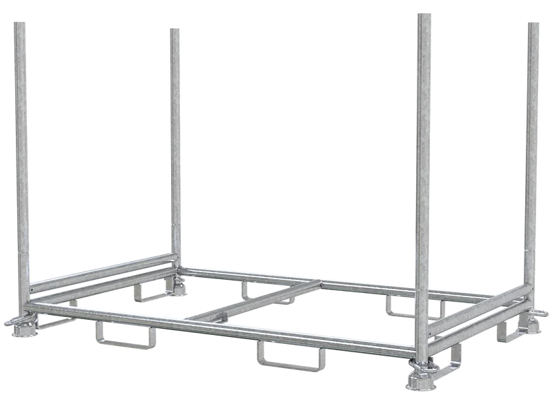 Lagergestell für Absperrschranken mit Aufnahme für Gabestappler und Hubwagen