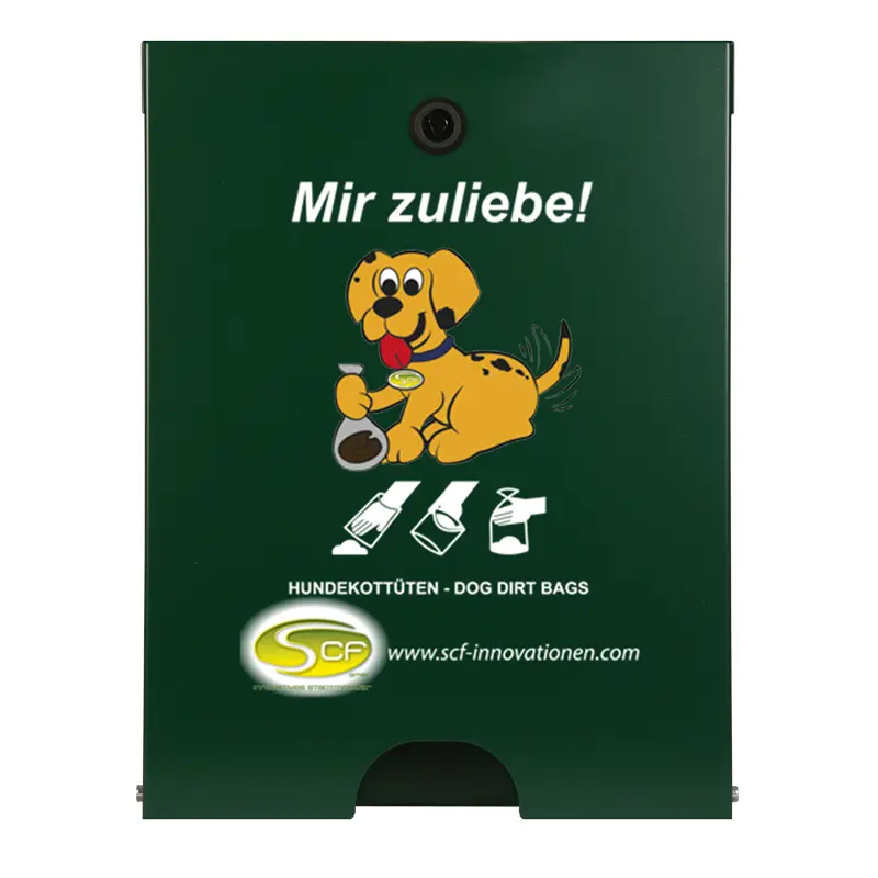  Hundekotbeutelspender Flexi in Moosgrün mit weißem „Mir zuliebe!“-Aufdruck, Hundemotiv und Symbolen zur Verwendung.