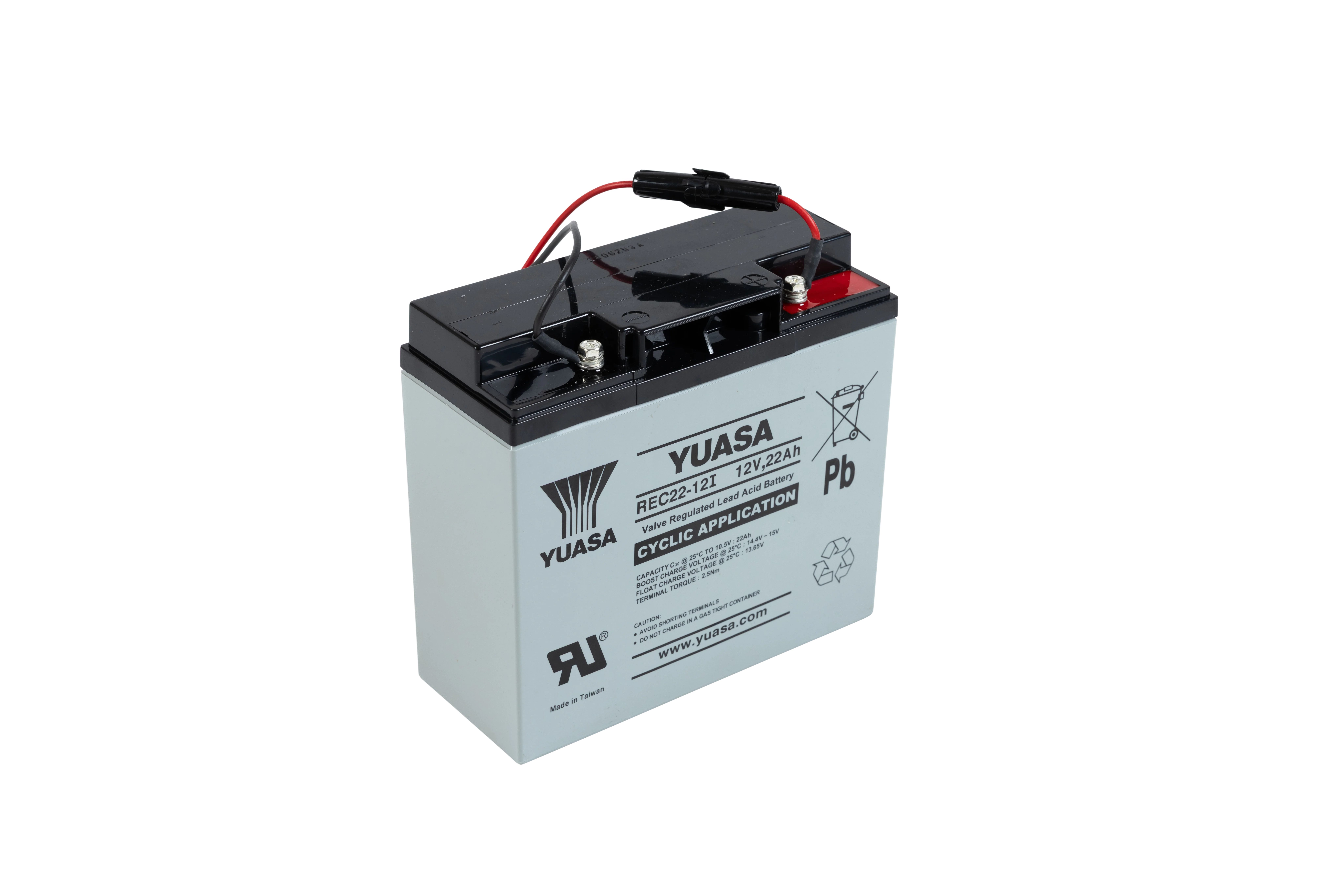 12V Bleiakku von Yuasa mit 22Ah Kapazität – REC22-12I, wartungsfreier, ventilgeregelter Akku für zyklische Anwendungen mit Flachanschlüssen.
