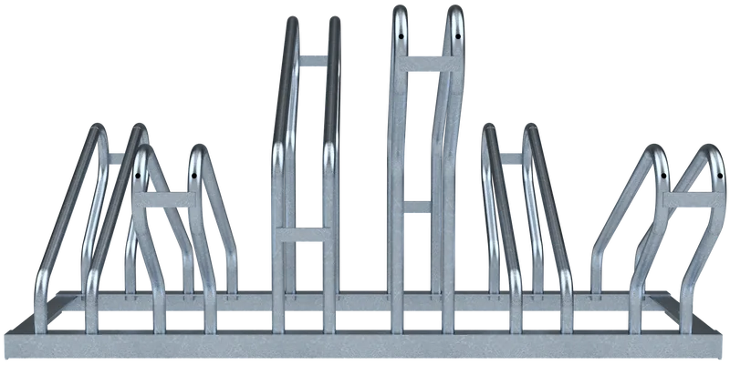 Doppelseitiger Fahrradständer mit zwei gegenüberliegenden Reihen à drei Stellplätzen, verzinkte Stahlkonstruktion in Frontalansicht