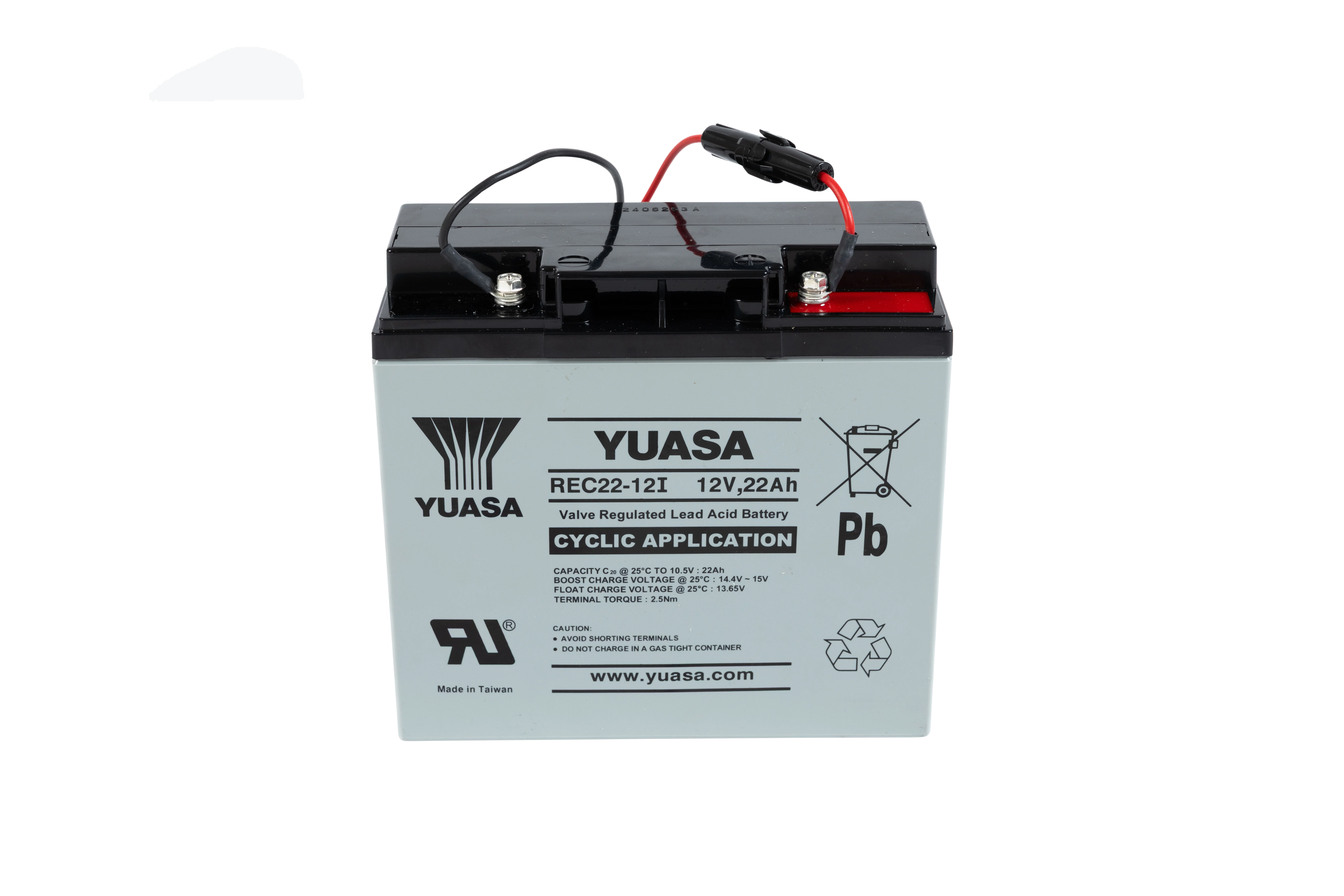 12V Bleiakku von Yuasa mit 22Ah Kapazität – REC22-12I, wartungsfreier, ventilgeregelter Akku für zyklische Anwendungen mit Flachanschlüssen.