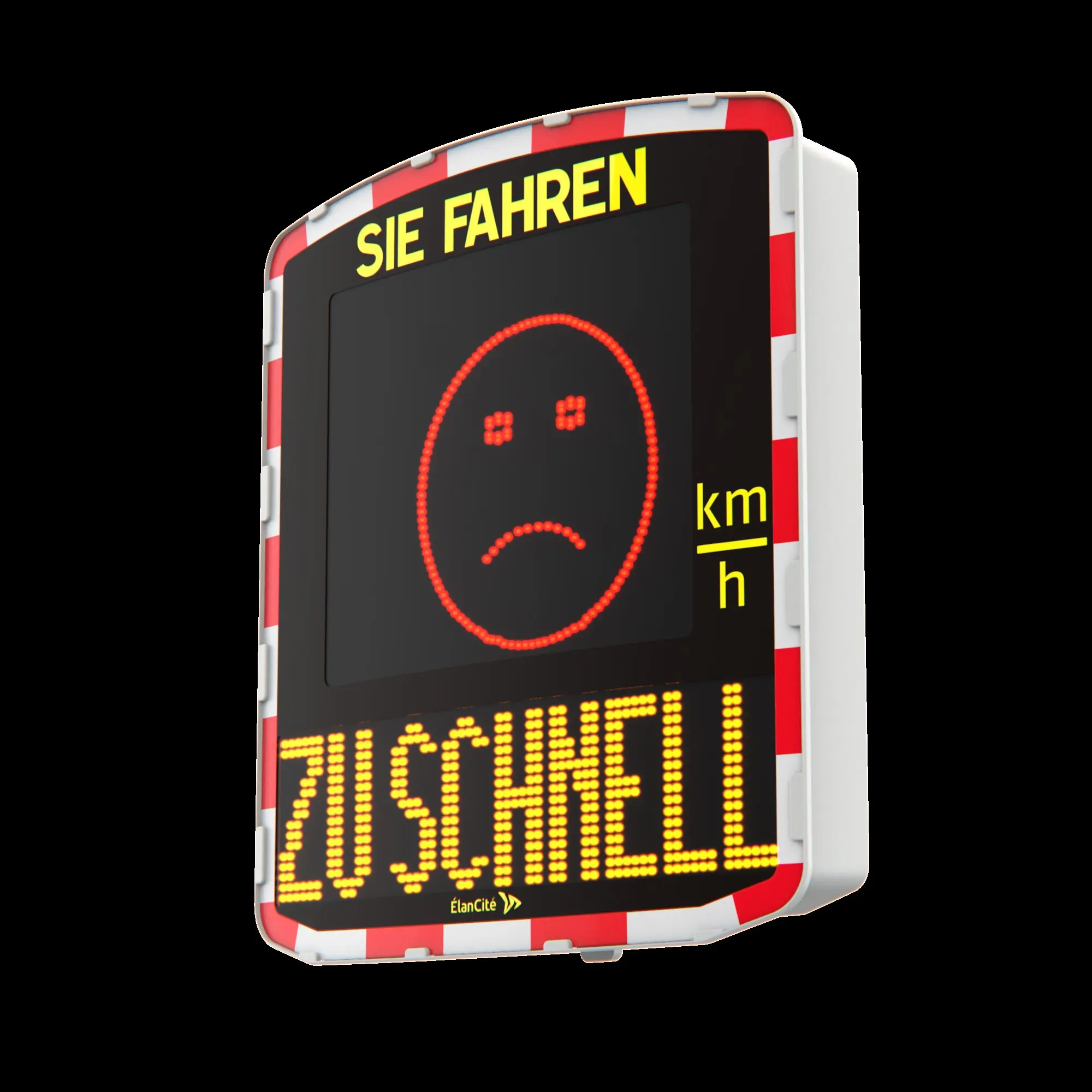 Elektronische Geschwindigkeitsanzeige mit LED-Display, rotem traurigen Smiley und der Warnung „ZU SCHNELL“.