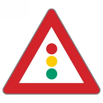 Verkehrszeichen Vorankündigung eines Lichtzeichens – rotes Warndreieck mit stilisierter Ampel (rot, gelb, grün)