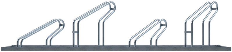 Fahrradständer mit vier diagonal nach rechts ausgerichteten Stellplätzen, feuerverzinkte Stahlkonstruktion mit abwechselnd hoher und niedriger Radführung