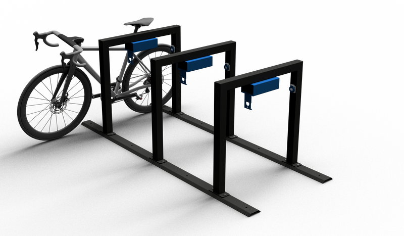 E-Bike Anlehnbügel mit integrierter Lademöglichkeit, schwarzes Gestell mit blauen Ladepunkten, sicheres Abstellen und Laden von Fahrrädern
