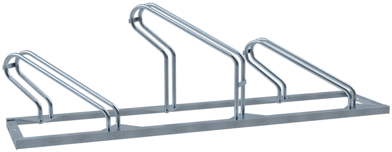 Fahrradständer mit drei schräg nach links ausgerichteten Stellplätzen, feuerverzinkte Ausführung mit versetzter Radführung und stabiler Bodenplatte