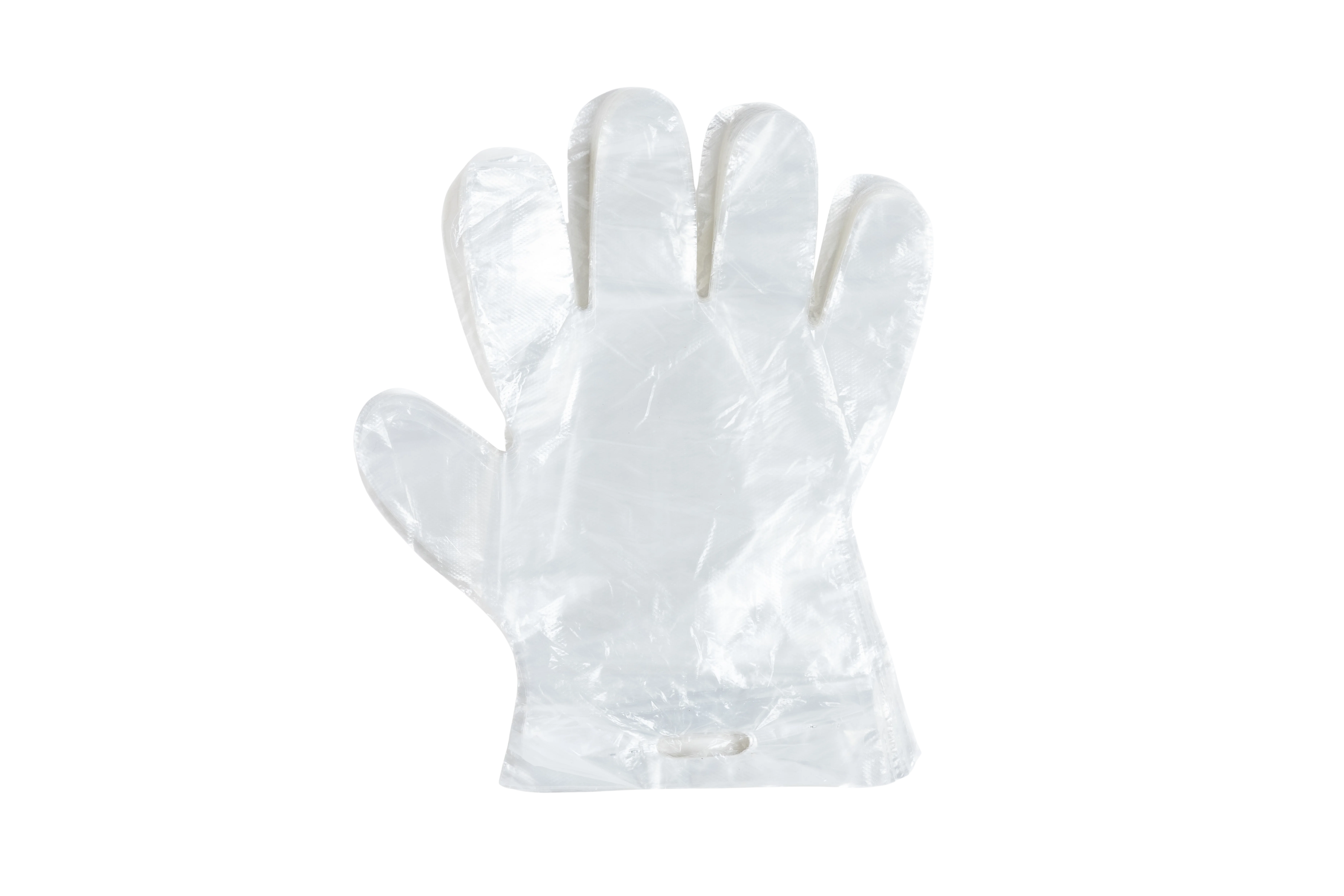 Transparenter Einweghandschuh aus Kunststoff, flachliegend und geöffnet dargestellt