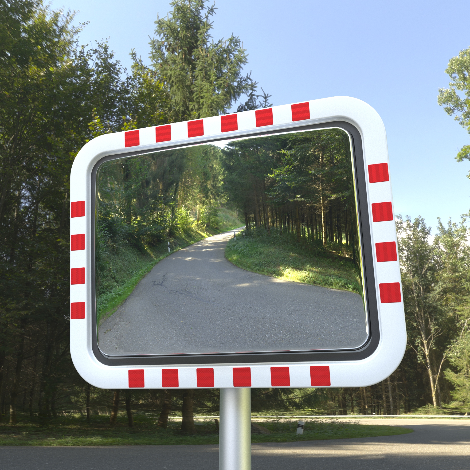Verkehrsspiegel 600x800 mm mit rot-weißem Rahmen, montiert an einem Mast, reflektiert eine kurvige Straße am Waldrand bei Tageslicht.