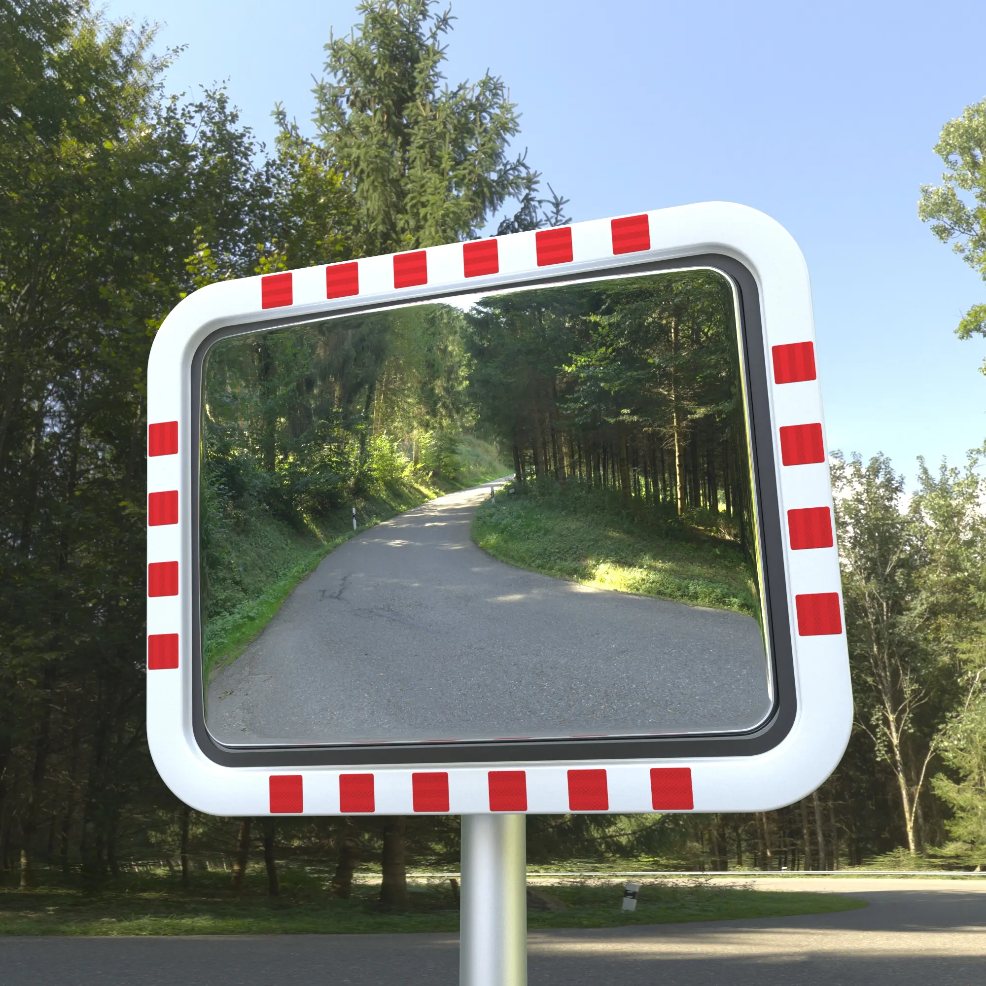 Verkehrsspiegel 600x800 mm mit rot-weißem Rahmen, montiert an einem Mast, reflektiert eine kurvige Straße am Waldrand bei Tageslicht.