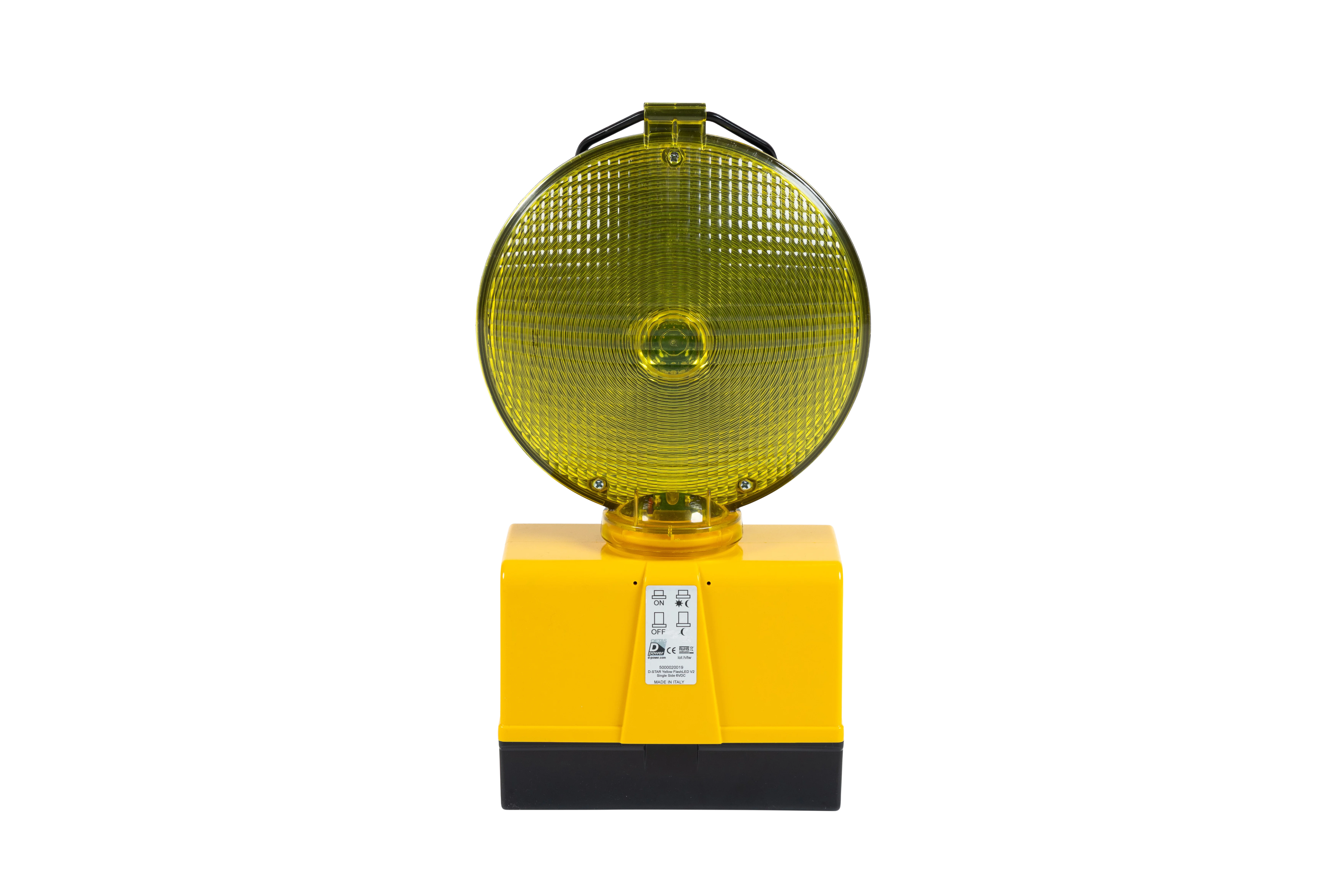 Frontansicht der LED-Blinkleuchte D-Star-s mit gelbem Frontglas und schwarzem Rückteil