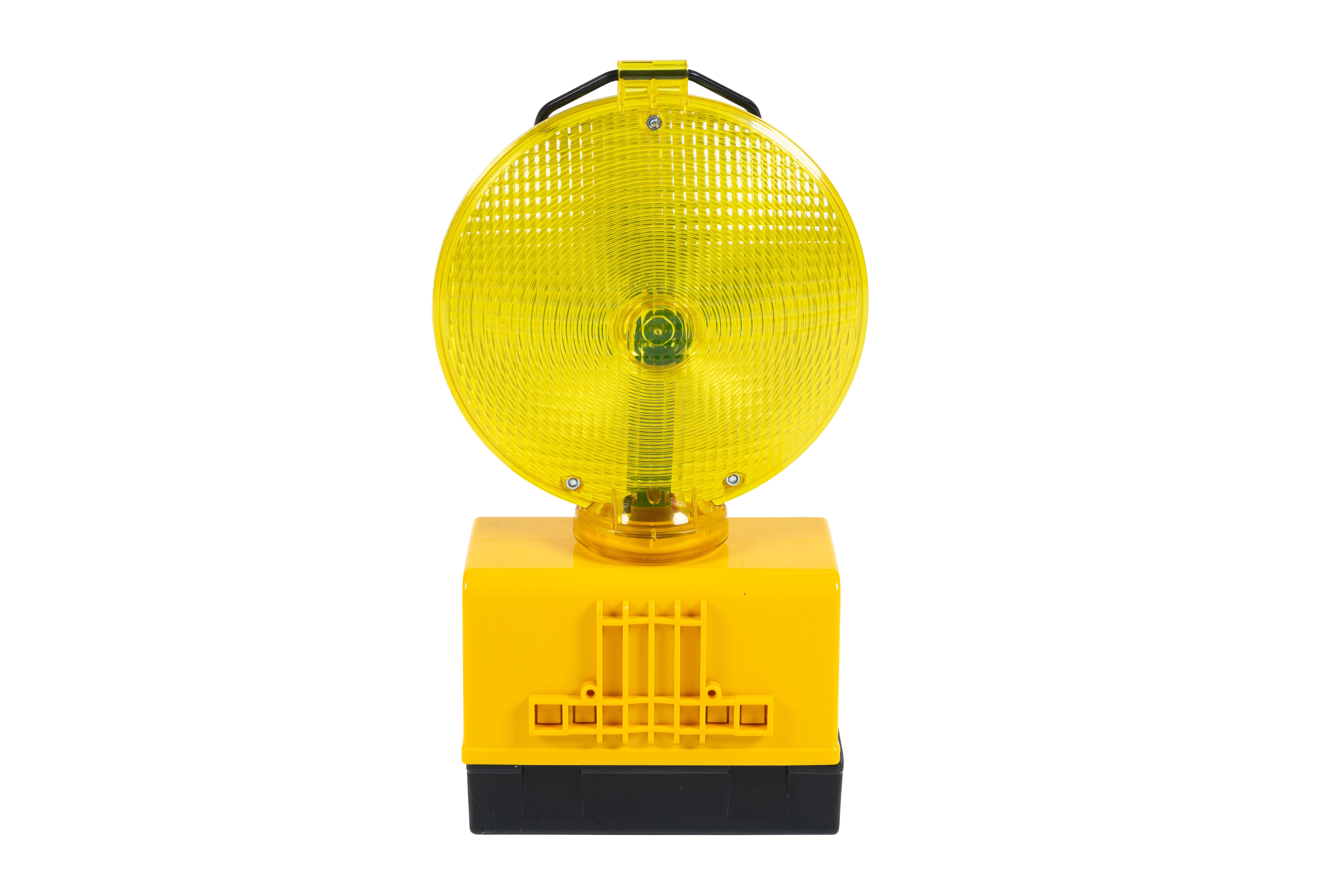 Rückansicht der LED-Blinkleuchte D-Star-g mit gelben Gläsern und schwarzem Fuß
