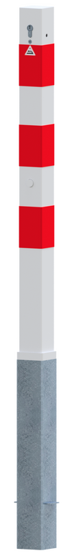 Absperrpfosten 70 x 70 mm – herausnehmbar mit Profilzylinderschloss Absperrpfosten 70 x 70 mm, herausnehmbar, mit Profilzylinderschloss – rot-weiß reflektierend