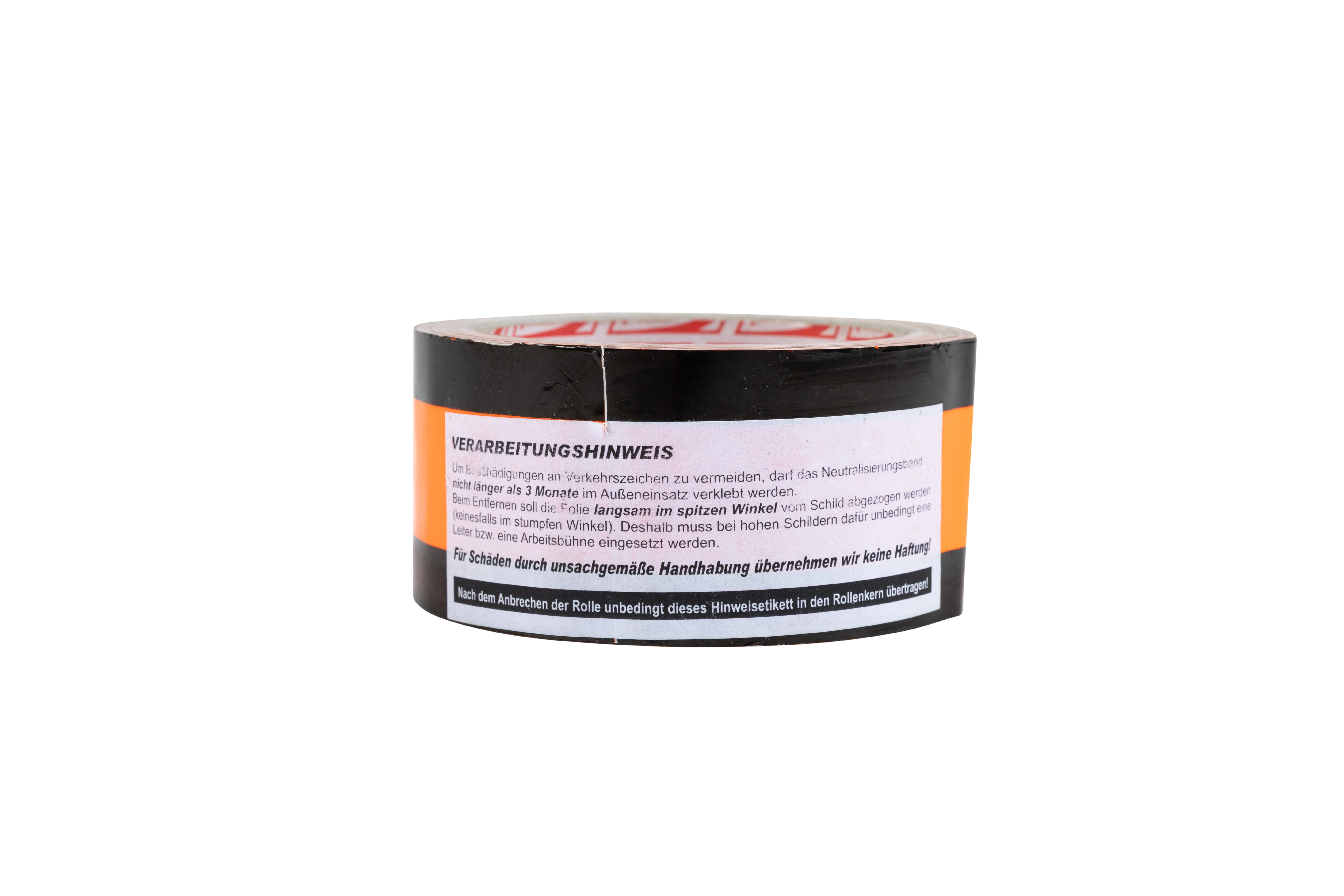 Rolle eines wasserfesten Neutralisierungsbands mit orangefarbener Mittelzone und schwarzem Rand – Ansicht mit deutlich lesbarem Verarbeitungshinweis auf dem Etikett