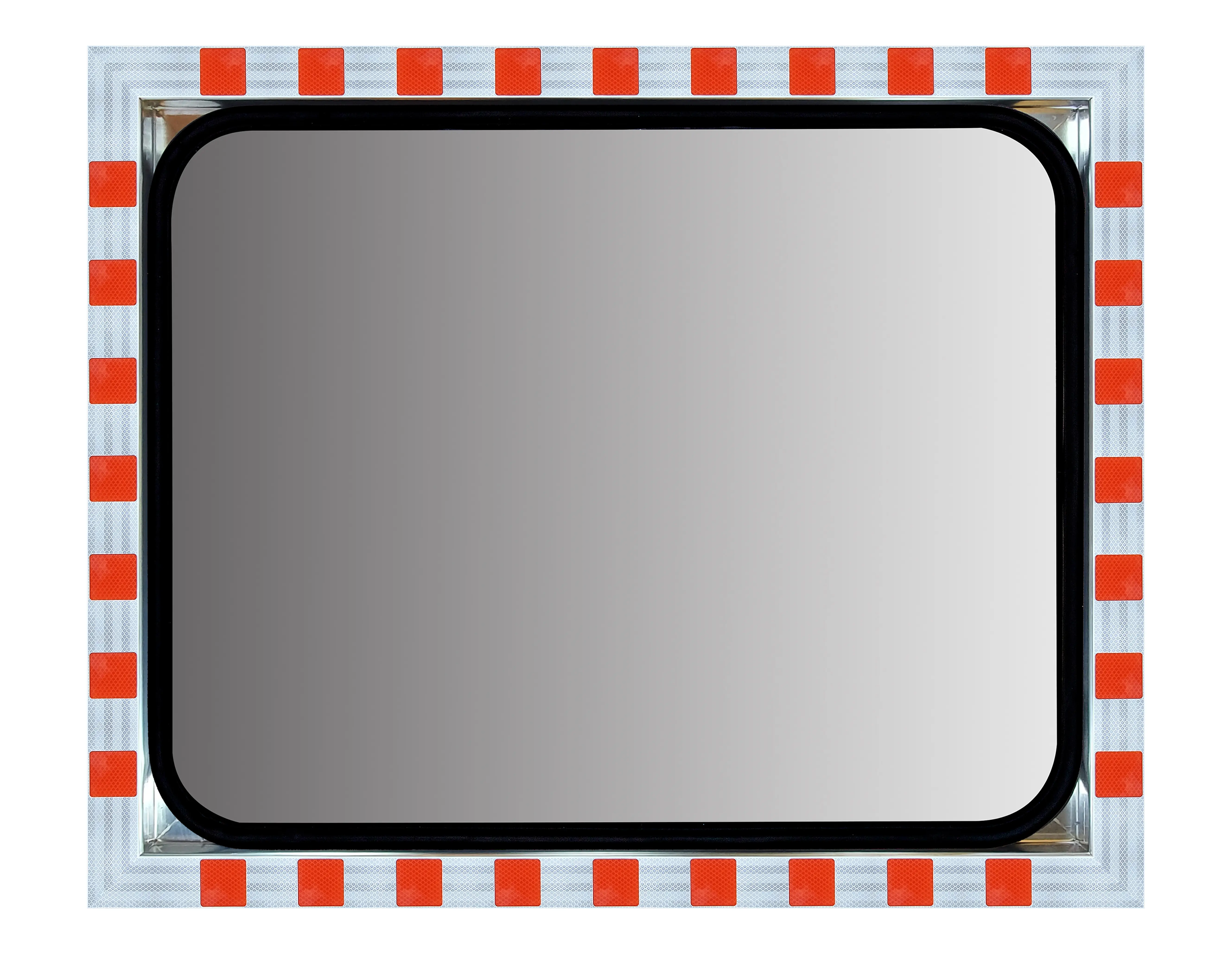 Großer rechteckiger Verkehrsspiegel mit stark reflektierendem rot-weißem Rahmen und abgerundeten Ecken