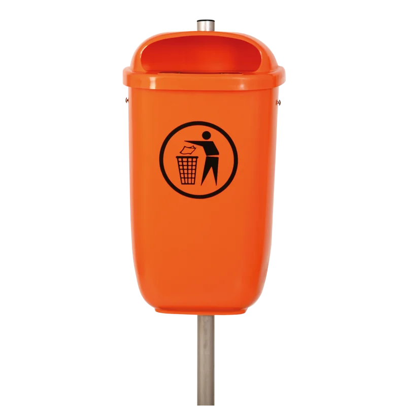 Mistkübel FLEXI aus Kunststoff in Reinorange, mit oberer Einwurföffnung und schwarzem Piktogramm einer Person, die Abfall in einen Korb wirft.