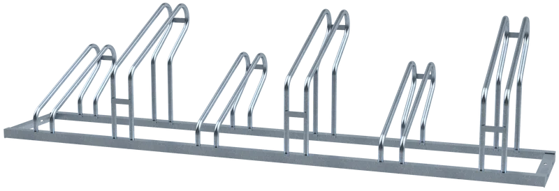 Fahrradständer mit sechs Stellplätzen in gerader Ausführung, verzinkter Stahlrahmen mit abwechselnd hohen und niedrigen Bügeln für sicheren Halt