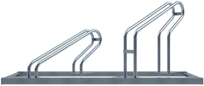 Fahrradständer mit zwei schräg nach rechts ausgerichteten Stellplätzen, stabile feuerverzinkte Stahlkonstruktion mit versetzter Radführung