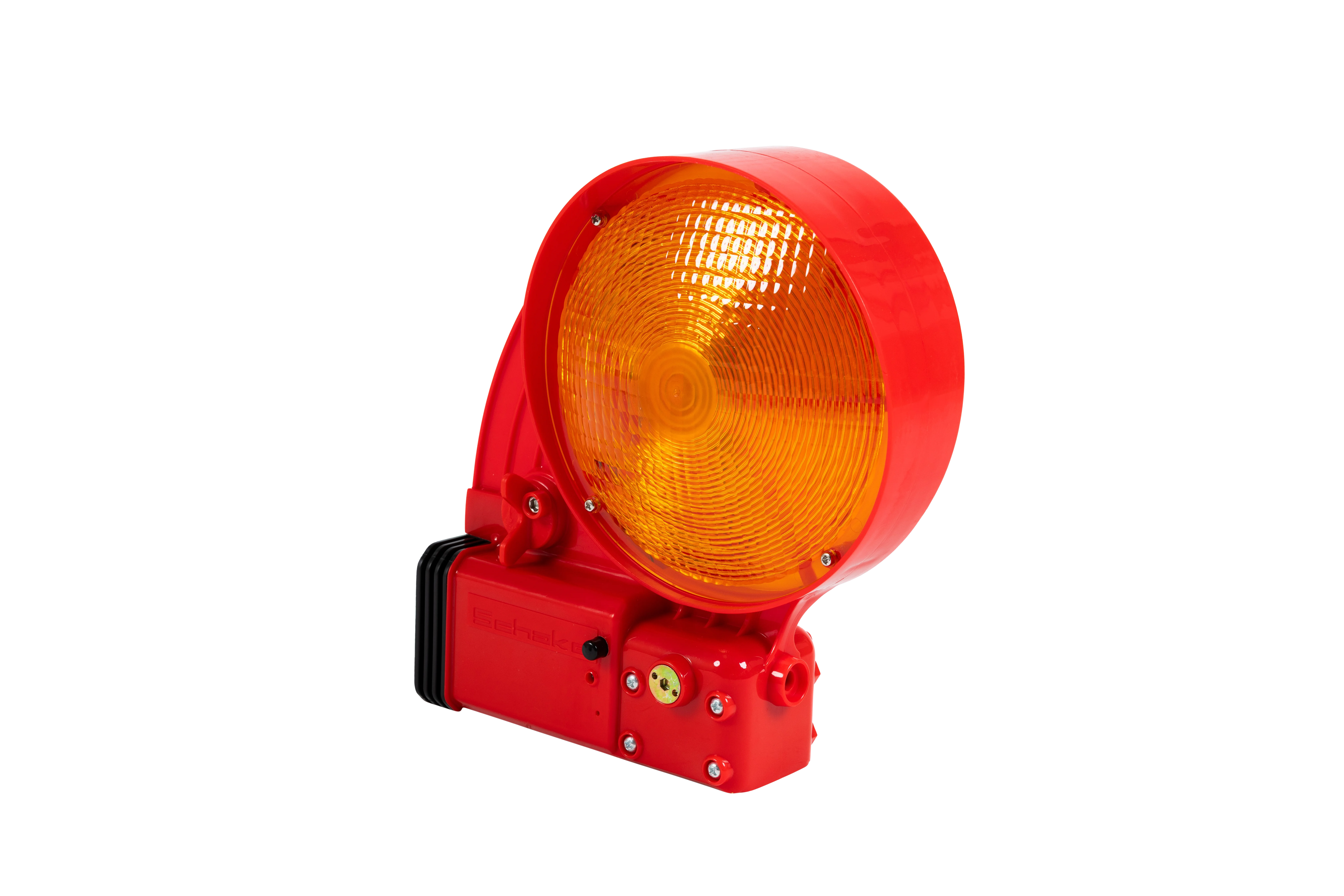 Rote NOX Blitzleuchte mit gelbem Rundreflektor für temporäre Verkehrssicherung